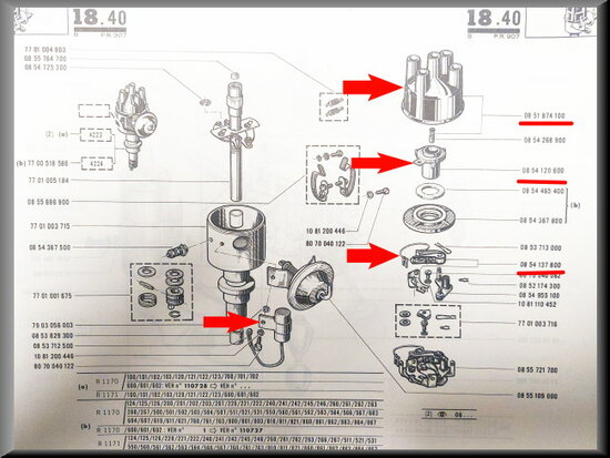 Verdeelkap, Rotor, Contactpunten, Condensator Ducellier ontsteking.