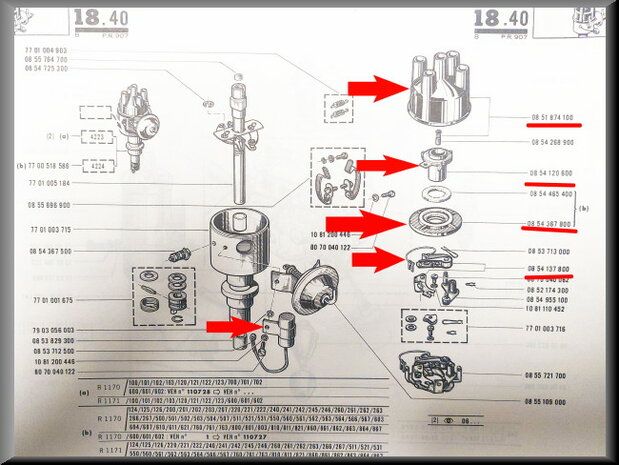 Verdeelkap, Rotor, Contactpunten, Condensator, Afdekplaatje, Ducellier ontsteking.